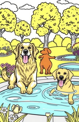 A detailed illustration perfect for a dog-themed coloring book, featuring various breeds of dogs including a Golden Retriever, a Dachshund, and a Labrador Retriever