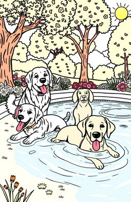 A detailed illustration perfect for a dog-themed coloring book, featuring various breeds of dogs including a Golden Retriever, a Dachshund, and a Labrador Retriever