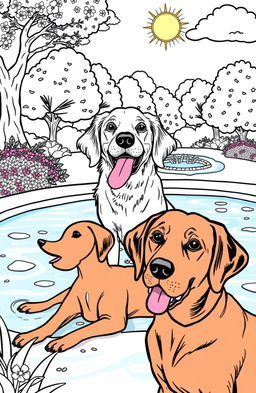 A detailed illustration perfect for a dog-themed coloring book, featuring various breeds of dogs including a Golden Retriever, a Dachshund, and a Labrador Retriever