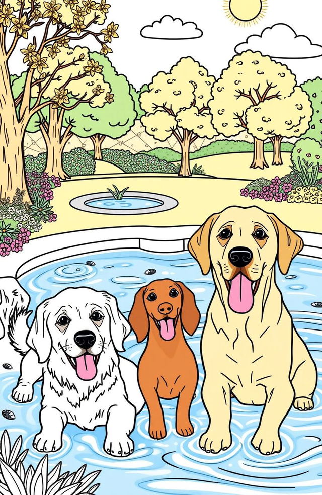 A detailed illustration perfect for a dog-themed coloring book, featuring various breeds of dogs including a Golden Retriever, a Dachshund, and a Labrador Retriever