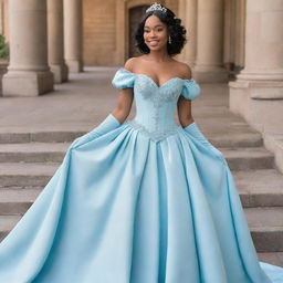 A full, flowy, blue corset dress with sleeves, seamlessly blending elements of Tiana's blue dress from Disney's Princess and the Frog and a Bridgerton dress, modernized and made fit for a prom occasion.