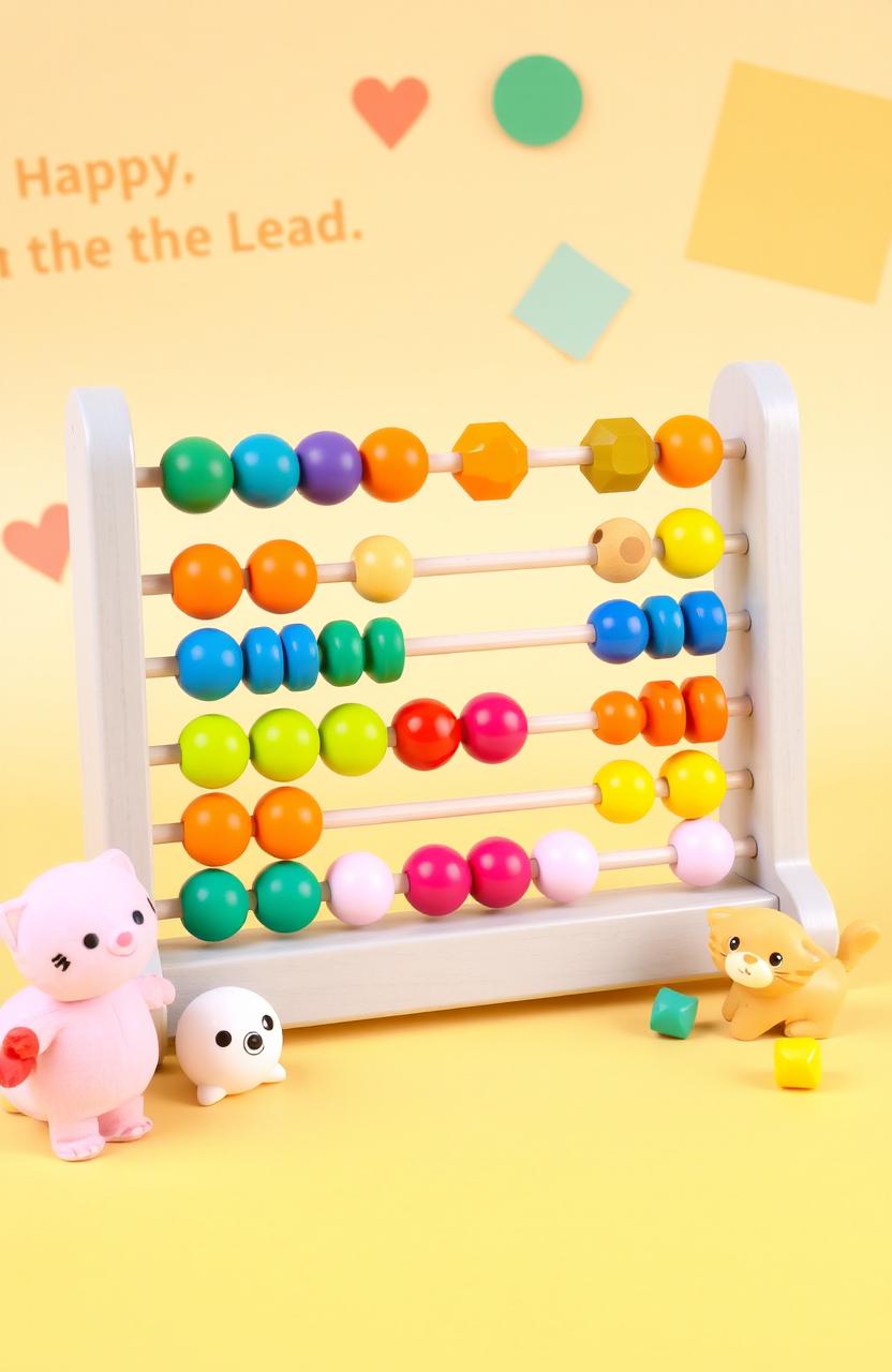 A colorful and engaging toddler-level abacus featuring large, vibrant beads in various shapes and colors