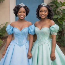 A full, flowy, blue corset dress with sleeves, seamlessly blending elements of Tiana's blue dress from Disney's Princess and the Frog and a Bridgerton dress, modernized and made fit for a prom occasion.