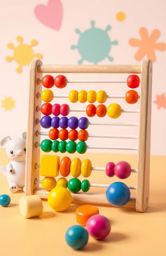 A colorful and engaging toddler-level abacus featuring large, vibrant beads in various shapes and colors