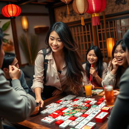A delightful scene featuring an attractive Asian woman with long, flowing hair, playfully leaning over a mahjong table
