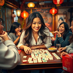 A delightful scene featuring an attractive Asian woman with long, flowing hair, playfully leaning over a mahjong table
