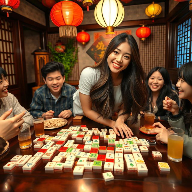 A delightful scene featuring an attractive Asian woman with long, flowing hair, playfully leaning over a mahjong table