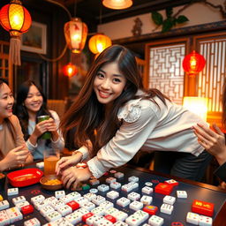 A delightful scene featuring an attractive Asian woman with long, flowing hair, playfully leaning over a mahjong table