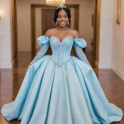 A full, flowy, blue corset dress with sleeves, seamlessly blending elements of Tiana's blue dress from Disney's Princess and the Frog and a Bridgerton dress, modernized and made fit for a prom occasion.