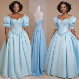 A full, flowy, blue corset dress with sleeves, seamlessly blending elements of Tiana's blue dress from Disney's Princess and the Frog and a Bridgerton dress, modernized and made fit for a prom occasion.
