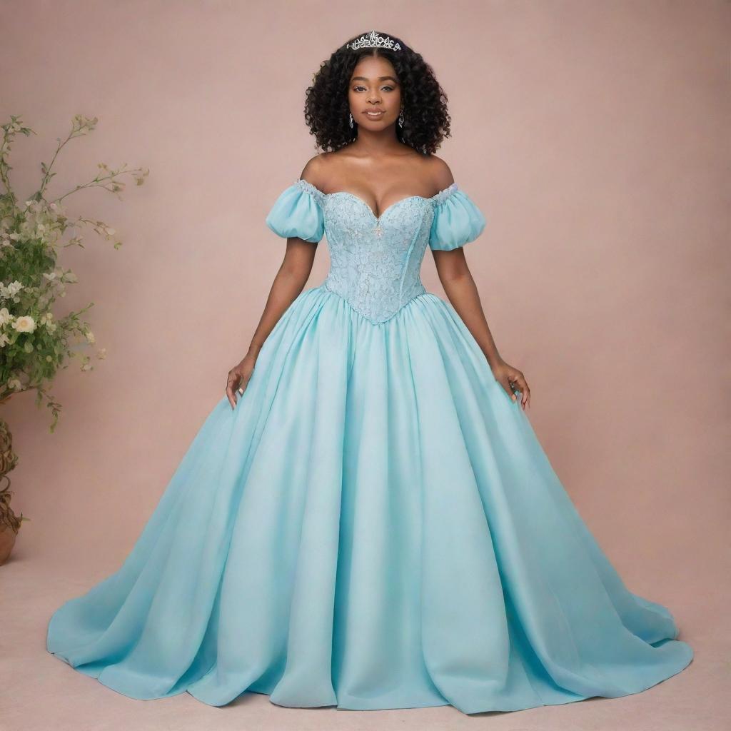 A full, flowy, blue corset dress with sleeves on a pale-skinned girl, expertly combining styles from Tiana's blue dress from Disney's Princess and the Frog and a Bridgerton dress, modernized for a prom night.