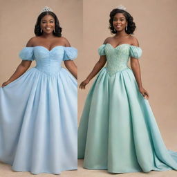 A full, flowy, blue corset dress with sleeves on a pale-skinned girl, expertly combining styles from Tiana's blue dress from Disney's Princess and the Frog and a Bridgerton dress, modernized for a prom night.