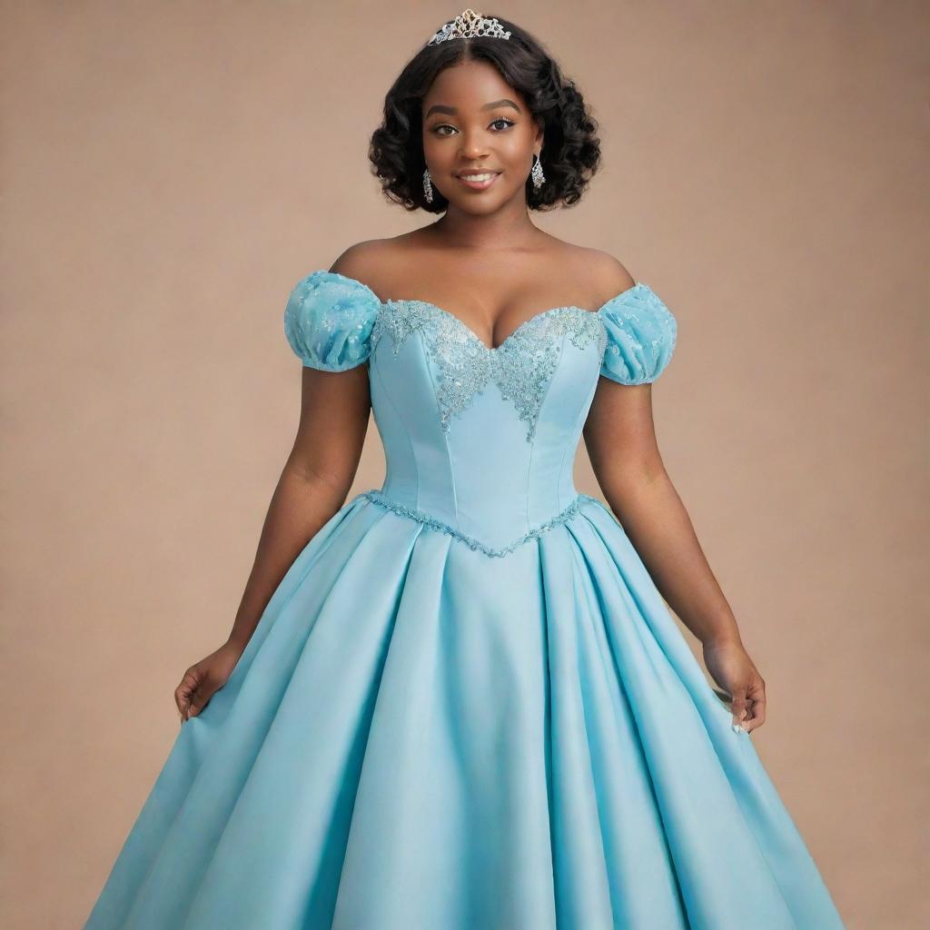 A full, flowy, blue corset dress with sleeves on a pale-skinned girl, expertly combining styles from Tiana's blue dress from Disney's Princess and the Frog and a Bridgerton dress, modernized for a prom night.