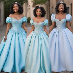 A full, flowy, blue corset dress with sleeves on a pale-skinned girl, expertly combining styles from Tiana's blue dress from Disney's Princess and the Frog and a Bridgerton dress, modernized for a prom night.