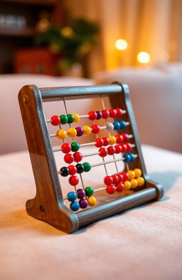 A beautifully crafted wooden abacus, sitting on a soft velvet surface