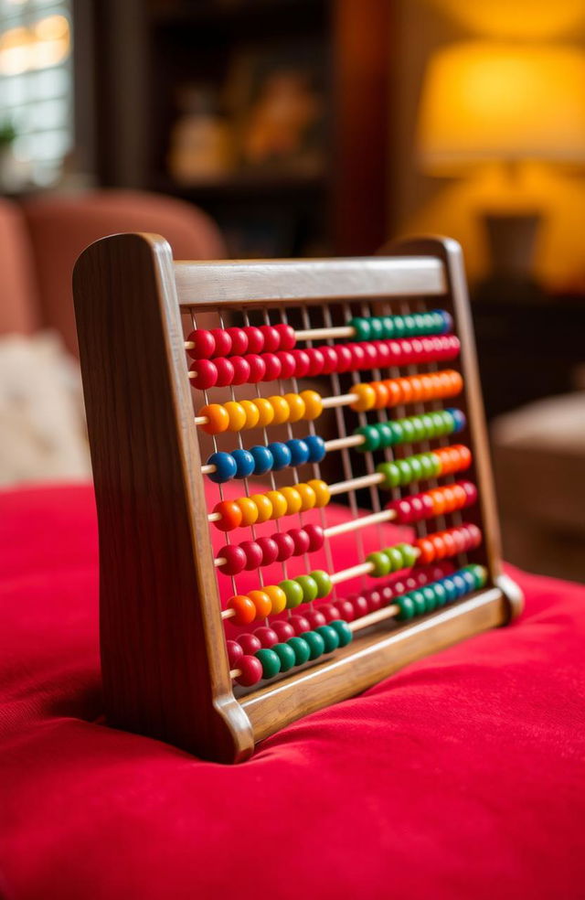 A beautifully crafted wooden abacus, sitting on a soft velvet surface