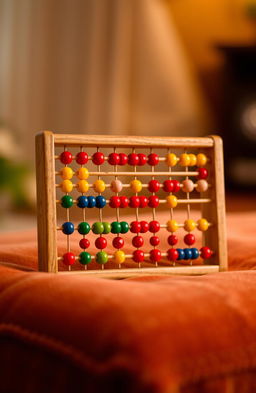 A beautifully crafted wooden abacus, sitting on a soft velvet surface