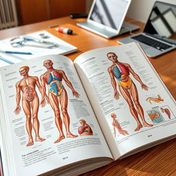 An open medical textbook featuring detailed anatomical illustrations and diagrams, showcasing the human body, organs, and systems in vibrant colors