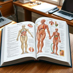 An open medical textbook featuring detailed anatomical illustrations and diagrams, showcasing the human body, organs, and systems in vibrant colors