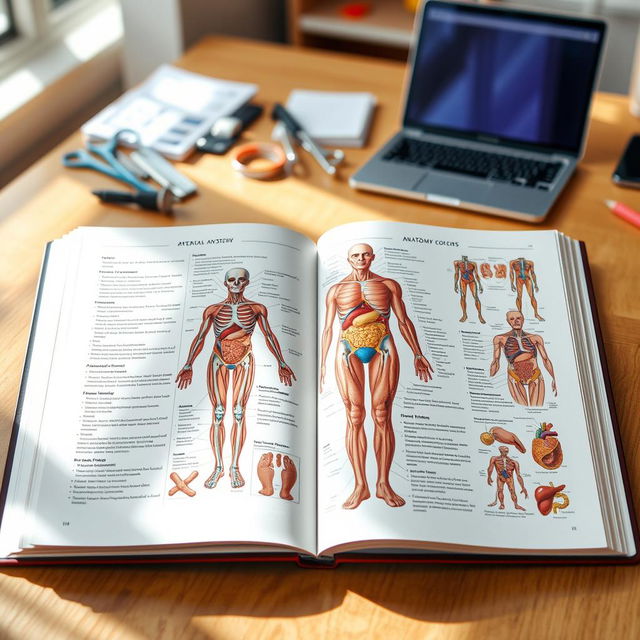 An open medical textbook featuring detailed anatomical illustrations and diagrams, showcasing the human body, organs, and systems in vibrant colors