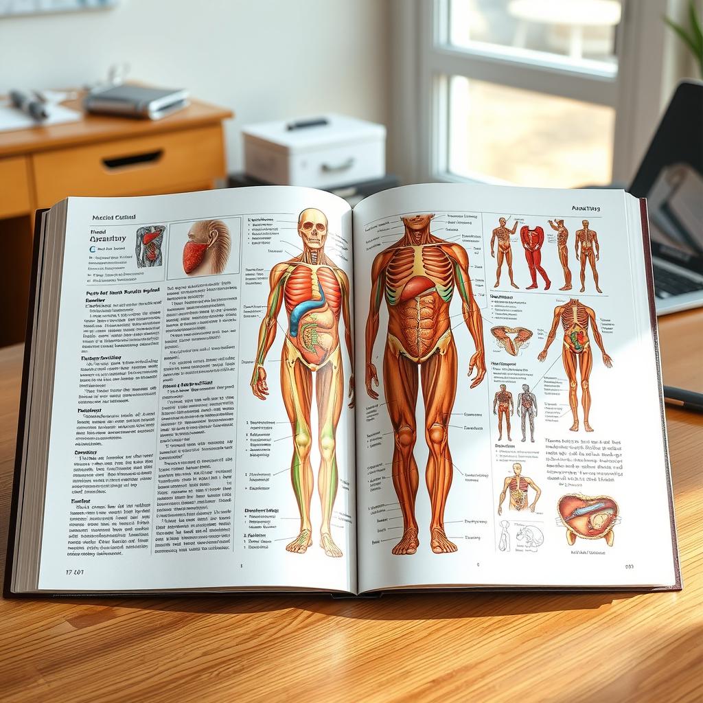 An open medical textbook featuring detailed anatomical illustrations and diagrams, showcasing the human body, organs, and systems in vibrant colors