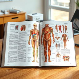 An open medical textbook featuring detailed anatomical illustrations and diagrams, showcasing the human body, organs, and systems in vibrant colors