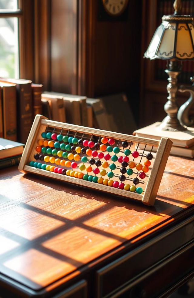 A beautifully crafted wooden abacus with colorful beads, resting on a dark mahogany desk