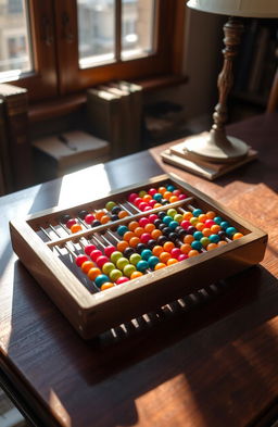 A beautifully crafted wooden abacus with colorful beads, resting on a dark mahogany desk