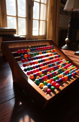 A beautifully crafted wooden abacus with colorful beads, resting on a dark mahogany desk