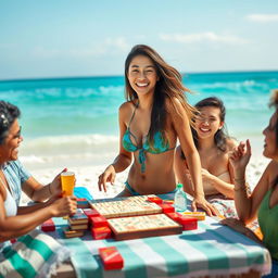 A charming scene featuring an attractive Indonesian woman in a stylish bikini, joyfully playing a game of mahjong at the beach