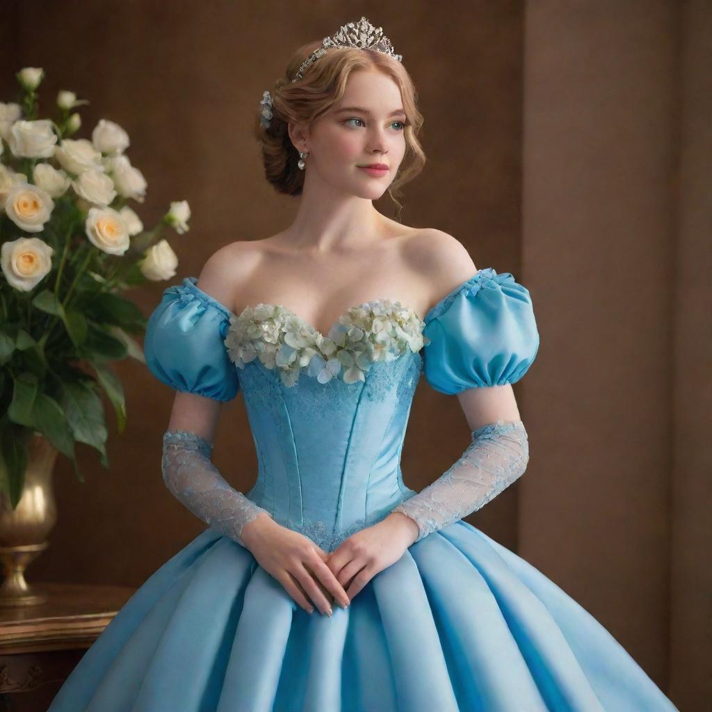 A full, blue corset dress with sleeves and flower details, worn by a pale-skinned girl. The dress blends elements from Tiana's blue dress in Disney's Princess and The Frog and a Bridgerton-style dress, modernized for a flower-filled prom night.