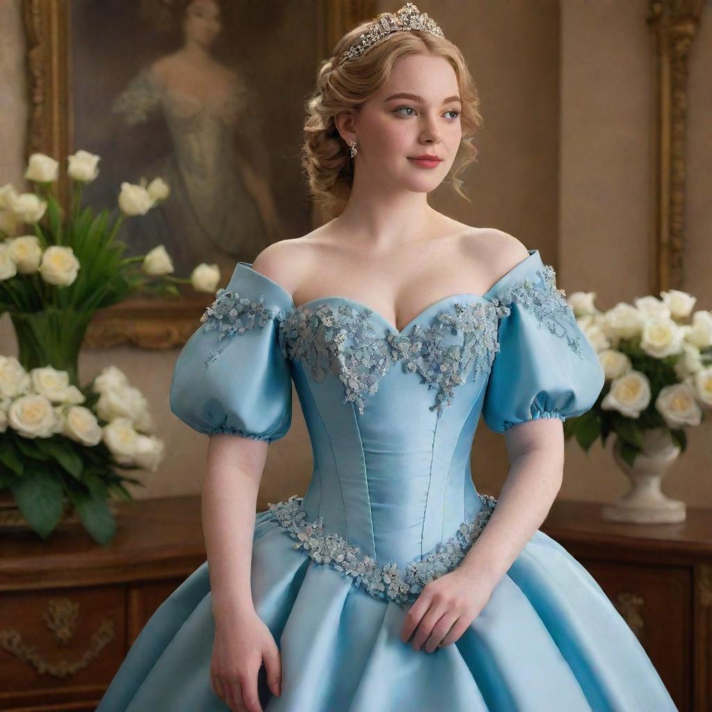 A full, blue corset dress with sleeves and flower details, worn by a pale-skinned girl. The dress blends elements from Tiana's blue dress in Disney's Princess and The Frog and a Bridgerton-style dress, modernized for a flower-filled prom night.