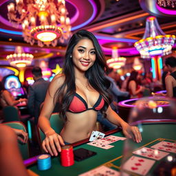 An exciting scene featuring an attractive Indonesian woman in a stylish bikini, confidently playing at a vibrant casino table