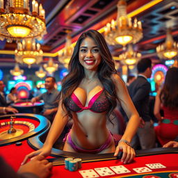 An exciting scene featuring an attractive Indonesian woman in a stylish bikini, confidently playing at a vibrant casino table