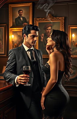 A passionate mafia romance scene set in a dimly lit, luxurious room filled with vintage decor and Italian-inspired art