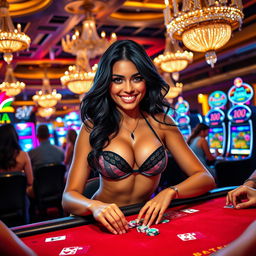 An exciting scene depicting a beautiful Batavia girl in a fashionable bikini, confidently playing at a casino table