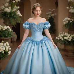 A full, blue corset dress with sleeves and flower details, worn by a pale-skinned girl. The dress blends elements from Tiana's blue dress in Disney's Princess and The Frog and a Bridgerton-style dress, modernized for a flower-filled prom night.