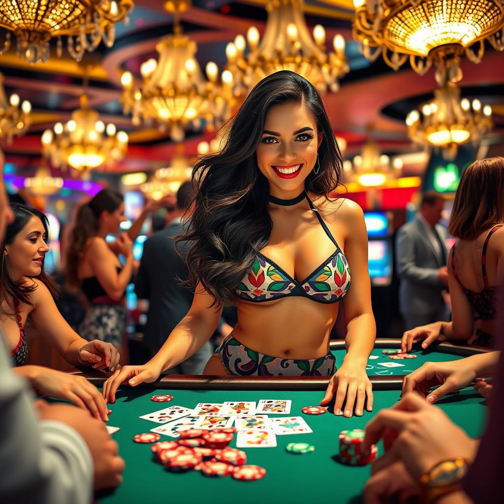 An exciting scene depicting a beautiful Batavia girl in a fashionable bikini, confidently playing at a casino table