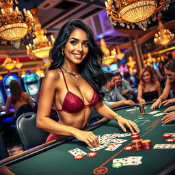 An exciting scene depicting a beautiful Batavia girl in a fashionable bikini, confidently playing at a casino table