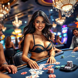 An exciting scene depicting a beautiful Batavia girl in a fashionable bikini, confidently playing at a casino table