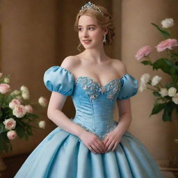 A full, blue corset dress with sleeves and flower details, worn by a pale-skinned girl. The dress blends elements from Tiana's blue dress in Disney's Princess and The Frog and a Bridgerton-style dress, modernized for a flower-filled prom night.