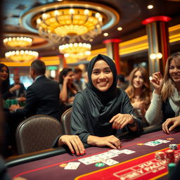 An engaging scene featuring a stylish hijab-wearing woman confidently playing at a casino table