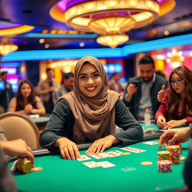 An engaging scene featuring a stylish hijab-wearing woman confidently playing at a casino table