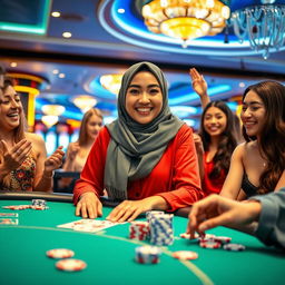 An engaging scene featuring a stylish hijab-wearing woman confidently playing at a casino table