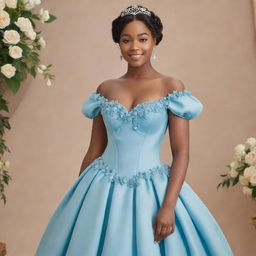 A full, flowy, blue corset dress, adorned with flowers and featuring sleeves, on a pale-skinned girl. The dress is a modern blend of Tiana's blue dress from Disney's Princess and the Frog and a Bridgerton-inspired style, tailored for prom night.