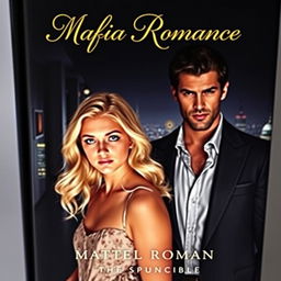A captivating book cover for a mafia romance featuring a blonde, innocent-looking woman with soft, wavy hair, wearing a light floral dress that conveys innocence and charm