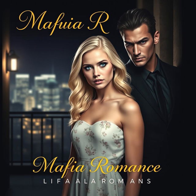 A captivating book cover for a mafia romance featuring a blonde, innocent-looking woman with soft, wavy hair, wearing a light floral dress that conveys innocence and charm