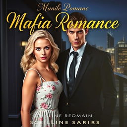 A captivating book cover for a mafia romance featuring a blonde, innocent-looking woman with soft, wavy hair, wearing a light floral dress that conveys innocence and charm