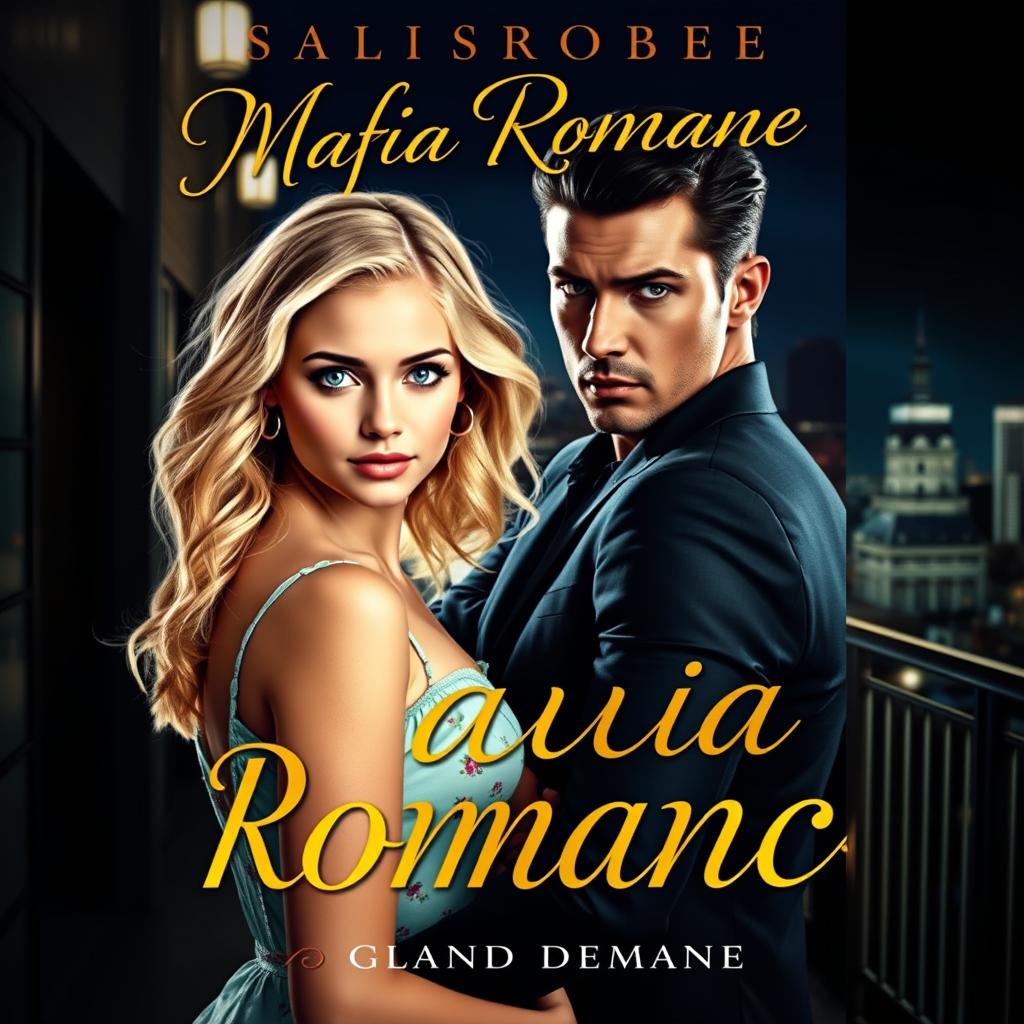 A captivating book cover for a mafia romance featuring a blonde, innocent-looking woman with soft, wavy hair, wearing a light floral dress that conveys innocence and charm