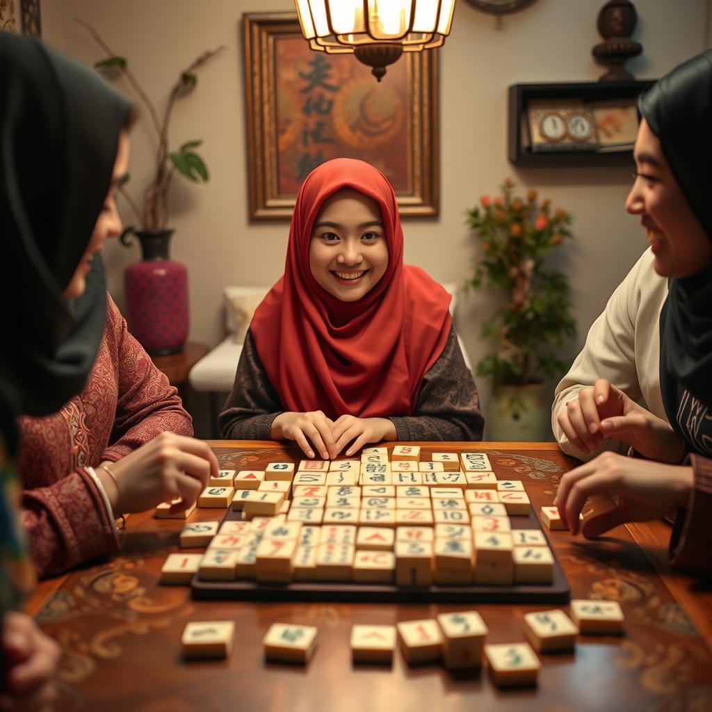 A captivating scene featuring a hijab-wearing girl with a cheerful expression, playing Mahjong with friends